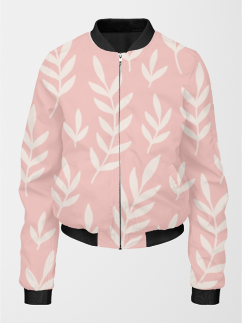 Sweet Pink Leaf Print Bomber Jacket