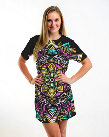 Unique Mandala Print Black T Shirt Dress Pink / XS Unique Mandala Print Black T Shirt Dress Pink / XS