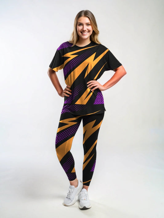 Powerdrift Lighting Print Premium Oversized Tee With Tummy Tuck Body Shaping Leggings Co-ord Set