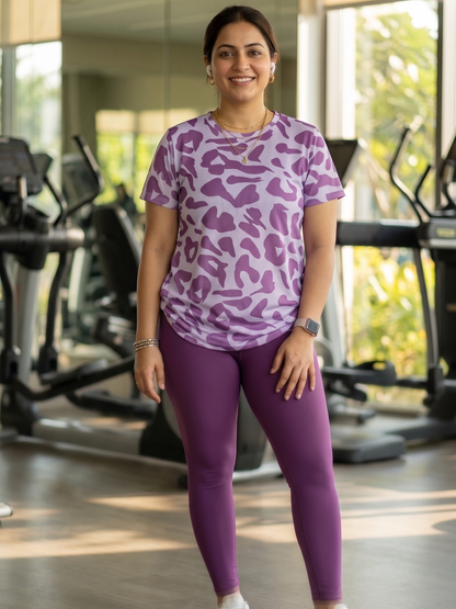 Attractive Leopard  Print | Activewear Coord Set Tshirt With Tummy Tuck Purple Leggings | Multi Sport | Odour Free