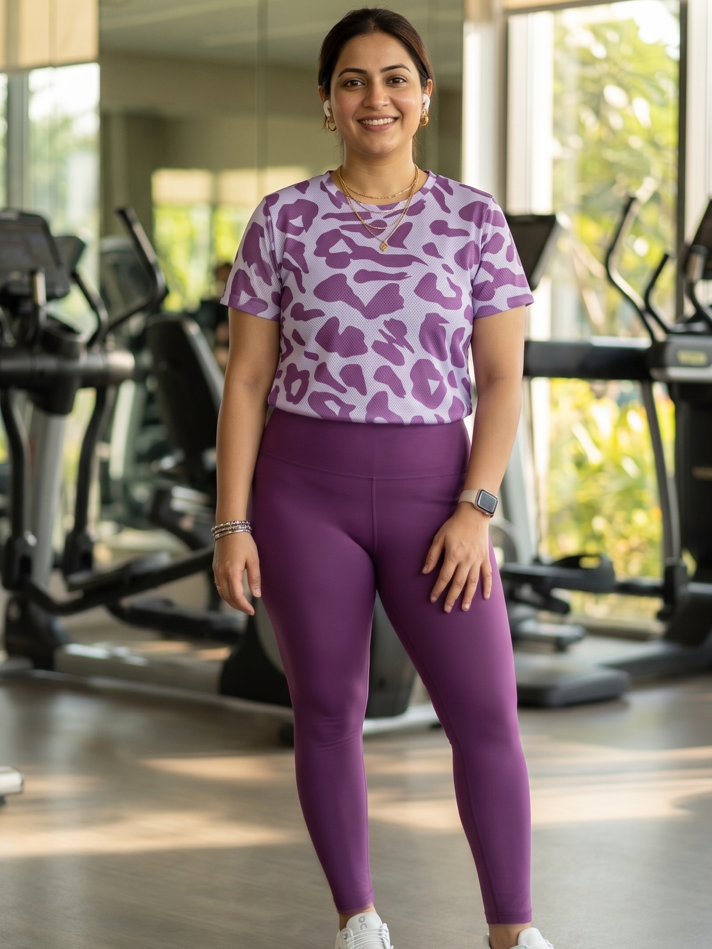 Attractive Leopard  Print | Activewear Coord Set Tshirt With Tummy Tuck Purple Leggings | Multi Sport | Odour Free