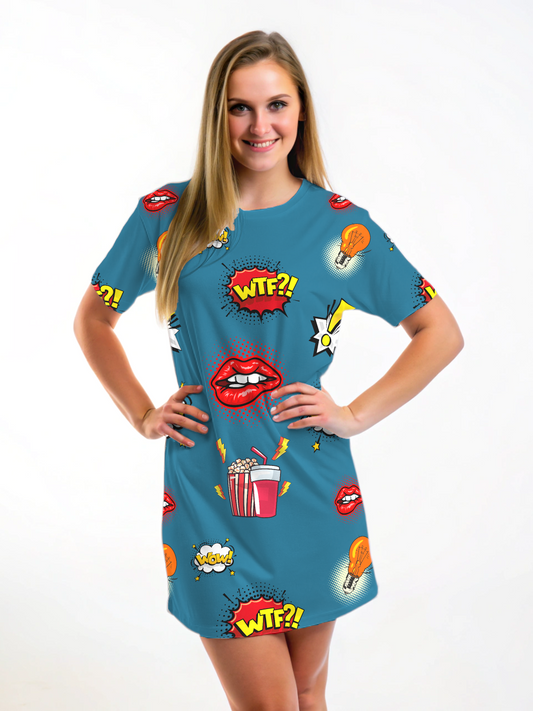 Quirky Wow Lips Print Green T Shirt Dress