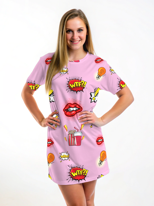 Quirky Wow Lips Print Pink T Shirt Dress