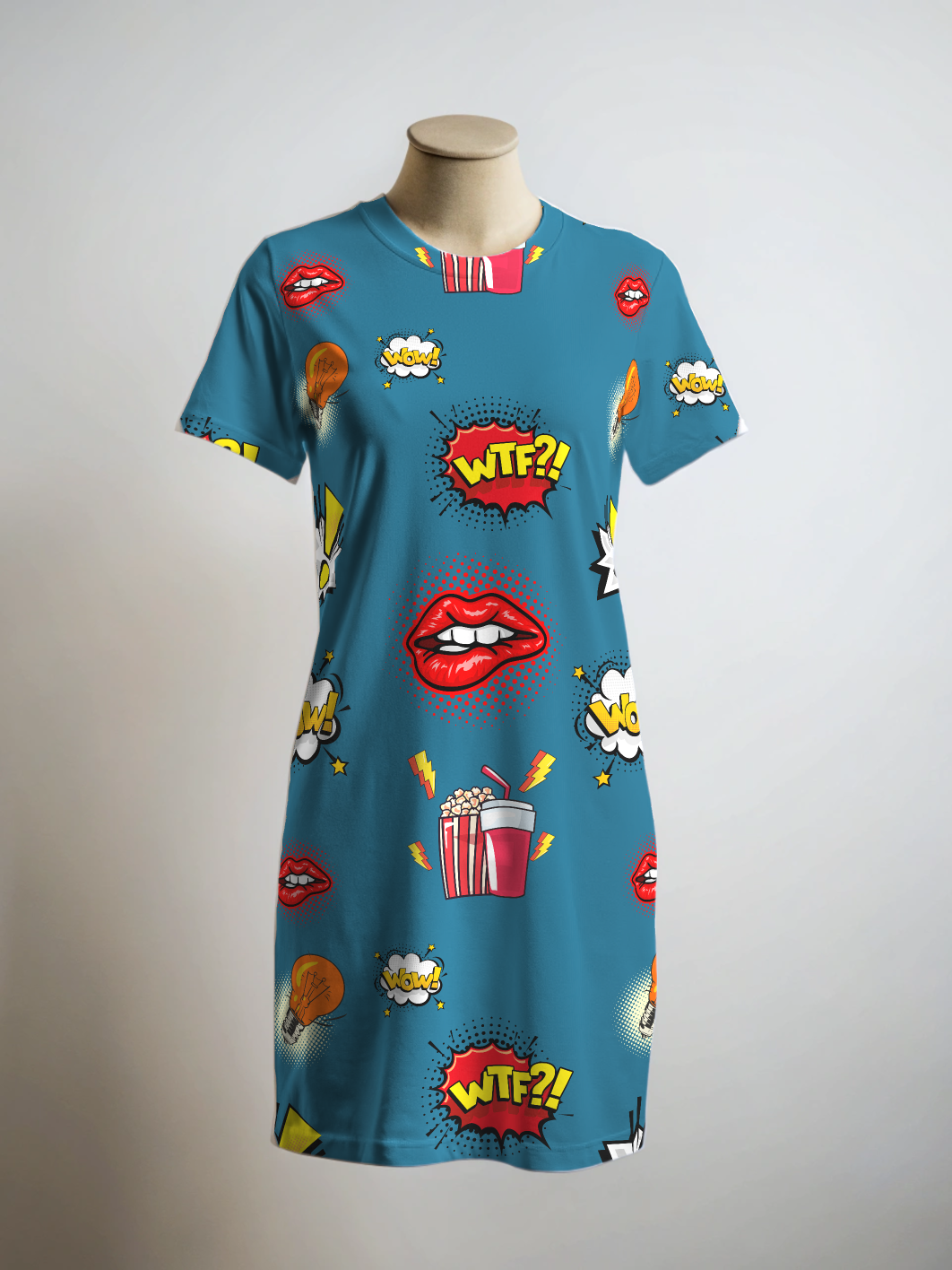 Quirky Wow Lips Print Green T Shirt Dress