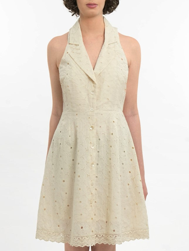 Simple Beige Notch Collar Dress