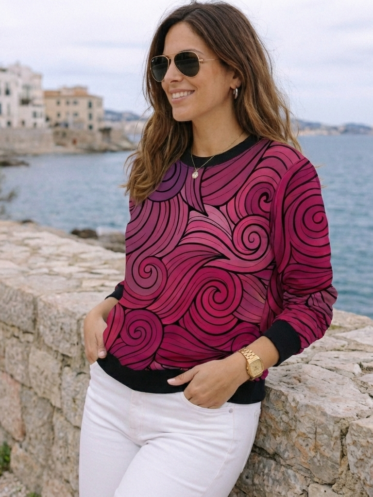 Artistic Waves Print Red Sweatshirt