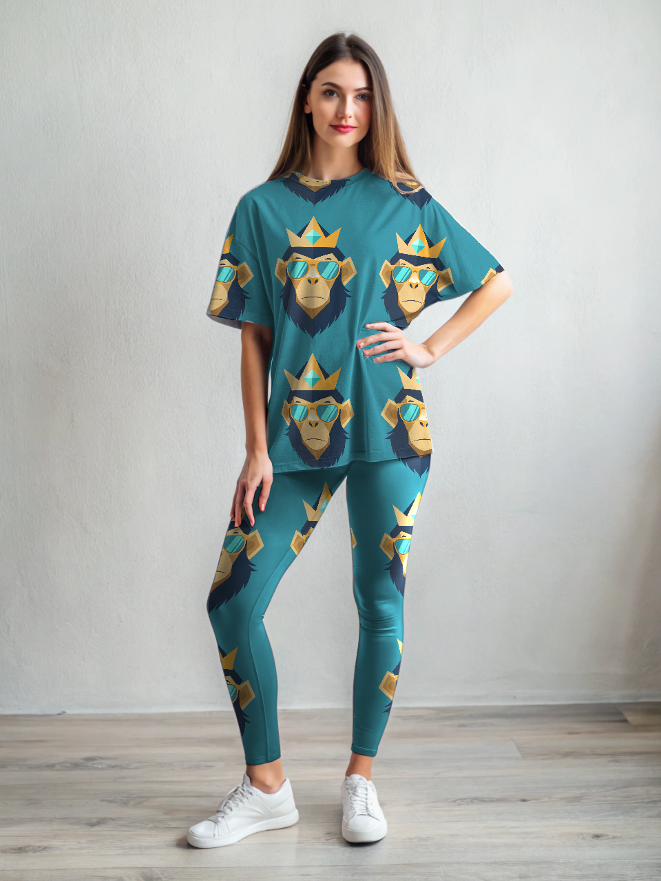 Funny Chimp Print Premium Oversized Tee With Tummy Tuck Body Shaping Leggings Co-ord Set