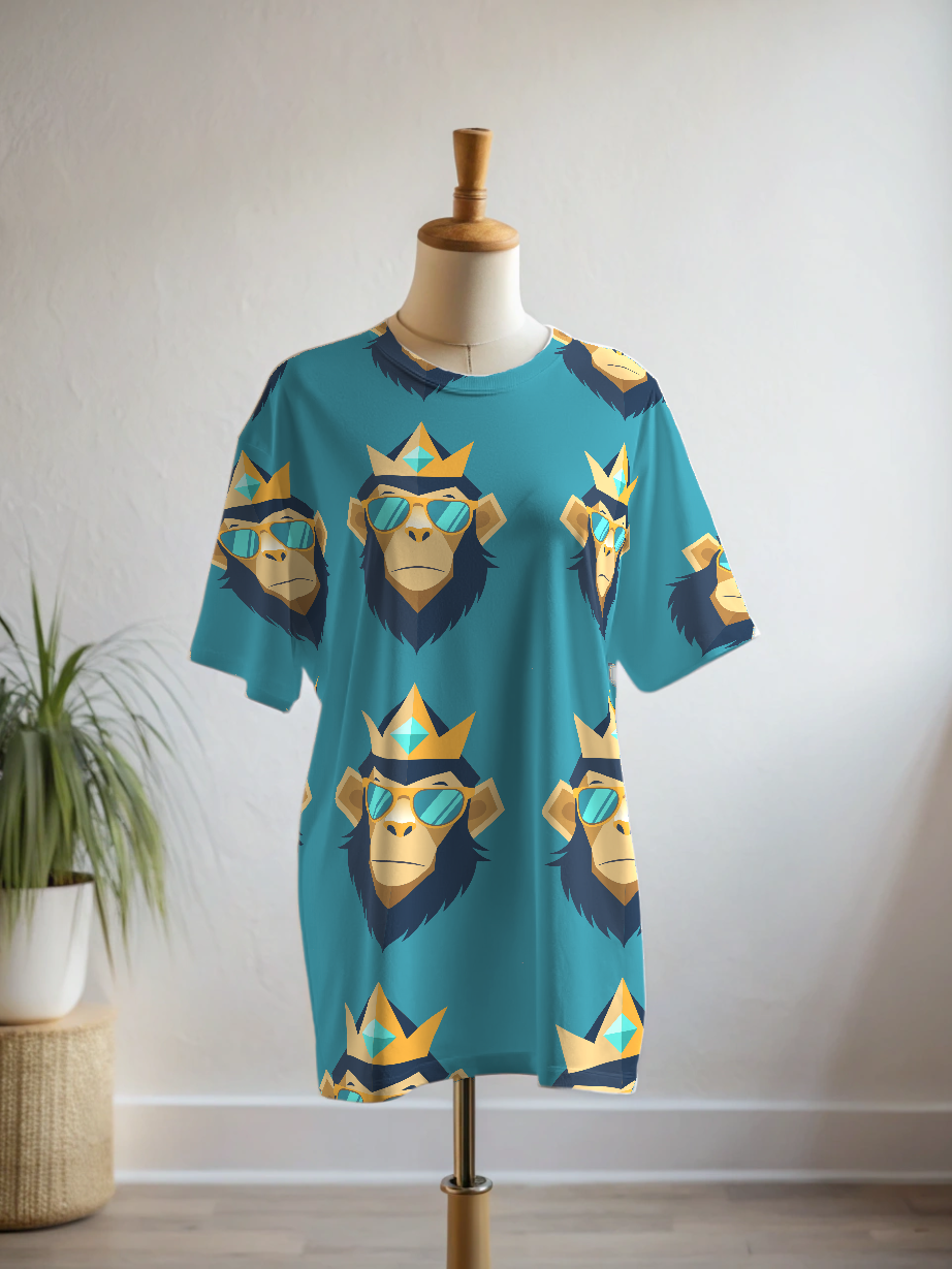 Funny Chimp Print Premium Oversized Tee With Blue Leggings Set