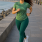 Enticing Fluid Art Print | Activewear Coord Set Tshirt With Tummy Tuck Green Leggings | Multi Sport | Odour Free