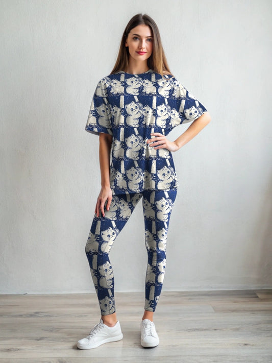 Adorable Singing Cats Print Premium Oversized Tee With Tummy Tuck Body Shaping Leggings Co-ord Set