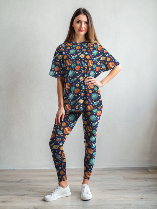 Smart Space Print Premium Oversized Tee With Blue Leggings Set