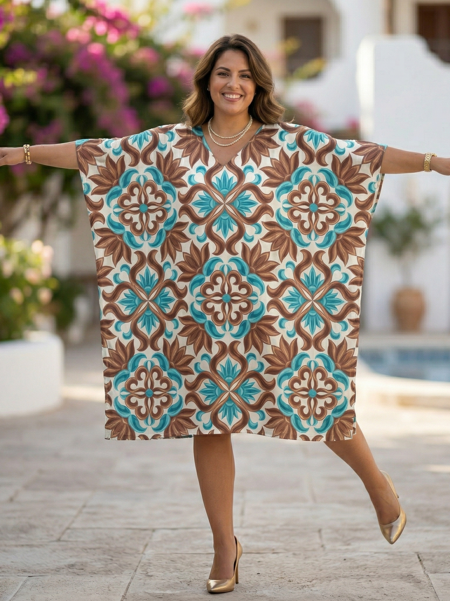 Bright Spanish Mosaic Print Kaftan Dress
