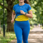 Dazzling Lines Blue With Yellow Print | Activewear Coord Set Tshirt With Tummy Tuck Blue Leggings | Multi Sport | Odour Free