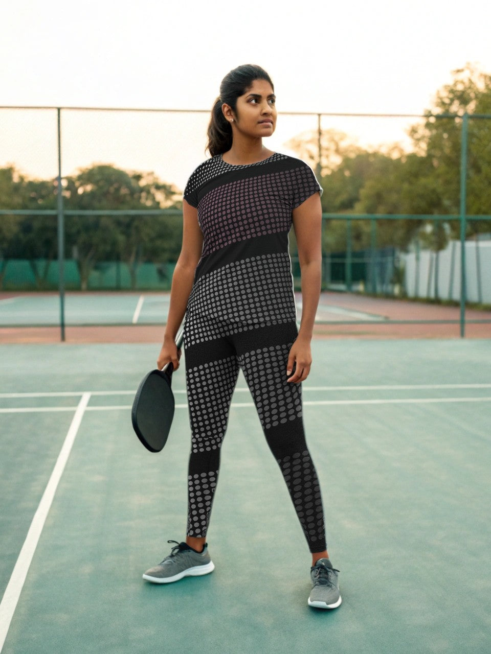 Pickleball Paddleball Activewear Coord Set Tshirt With Tummy Tuck Leggings Sporty Dot Print