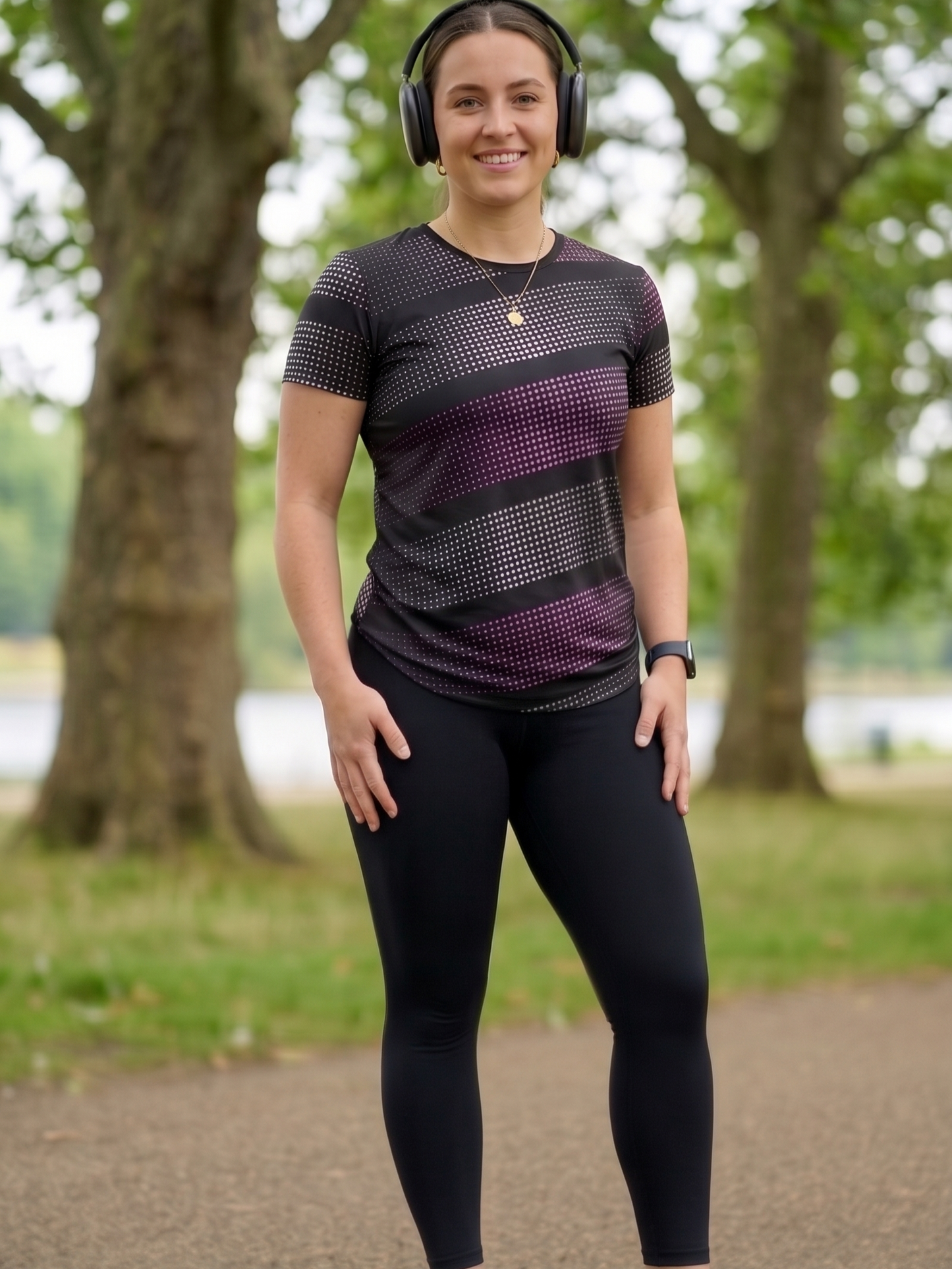 Winsome Sprinter Dot Print | Activewear Coord Set Tshirt With Tummy Tuck Black Leggings | Multi Sport | Odour Free