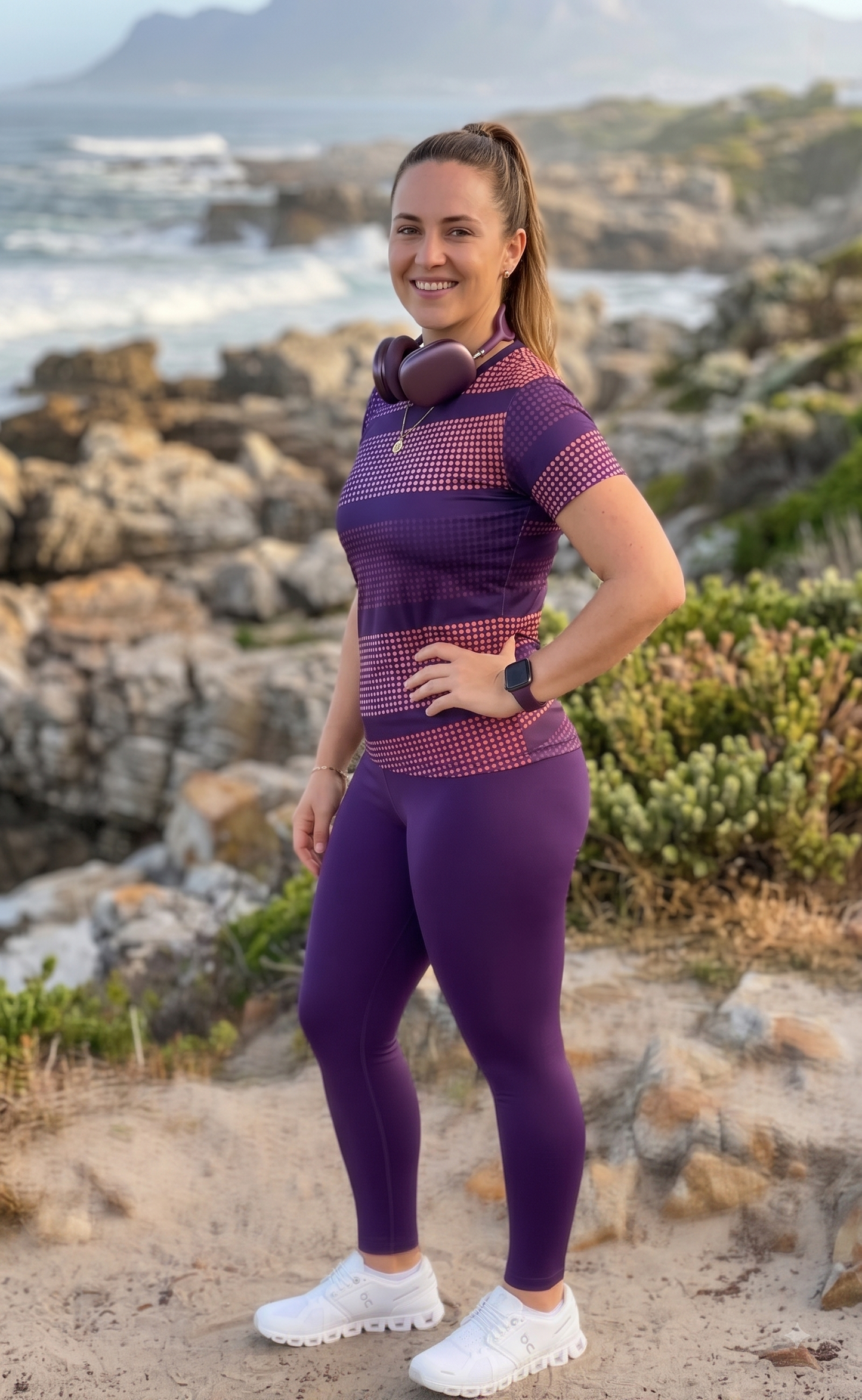 Alluring Sprinter Dot Print | Activewear Coord Set Tshirt With Tummy Tuck Purple Leggings | Multi Sport | Odour Free