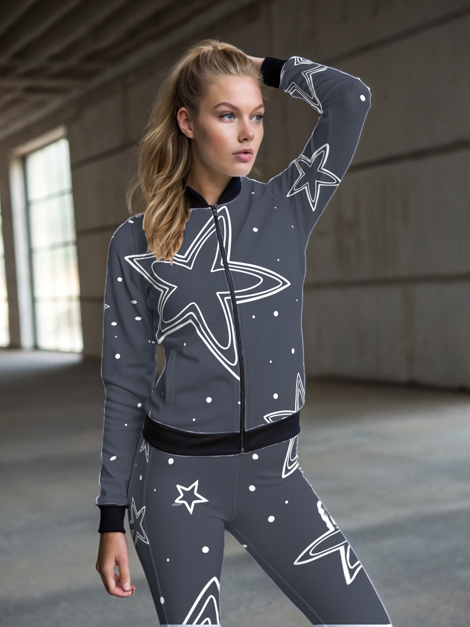 Mesmerizing Star Gaze Print Bomber Jacket With Leggings Grey Co Ord Set