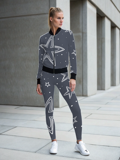 Mesmerizing Star Gaze Print Bomber Jacket With Leggings Grey Co Ord Set