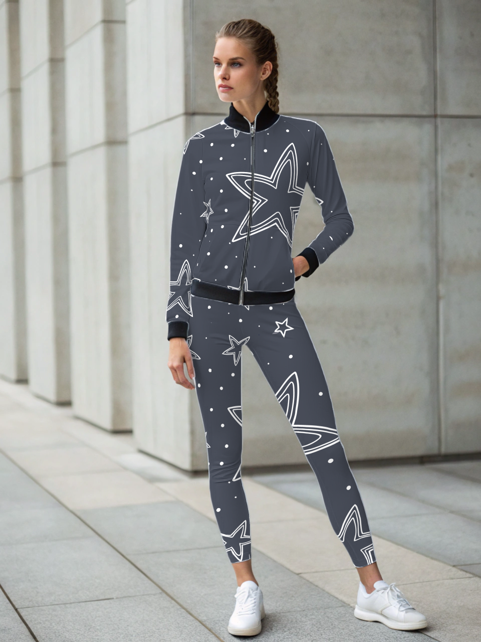 Mesmerizing Star Gaze Print Bomber Jacket With Leggings Grey Co Ord Set