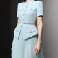 Elite Button Decor Pleated Blue Dress - Ships in 24 Hrs