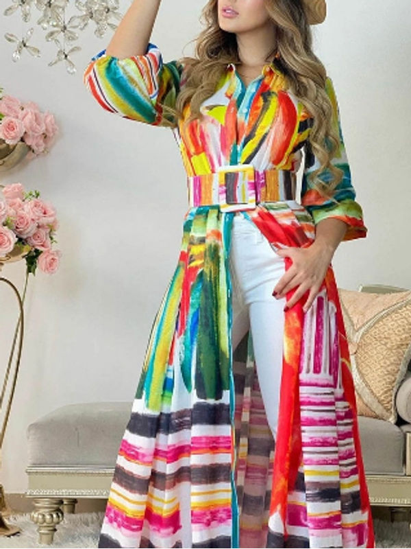 Latest Multicolored Printed Long Sleeve Shirt Dress