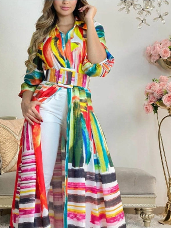 Latest Multicolored Printed Long Sleeve Shirt Dress
