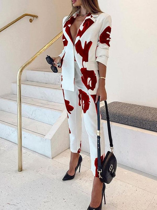Modern Printed Matching Blazer And Pants  Red Set - Ships in 24 Hrs
