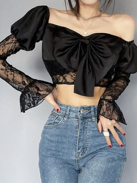 Sexy Lace Patchwork Black Designer Top - Ships in 24 Hrs
