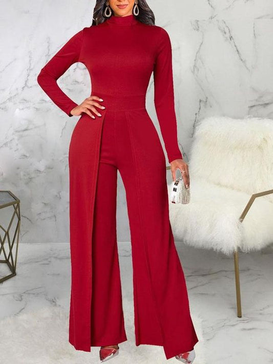 Stylish Mock Neck Wide Leg Red Jumpsuit - Ships in 24 Hrs