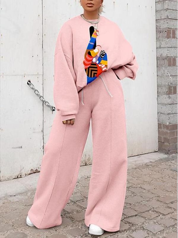 Trendy Pink Loose Sweatshirt With Pants Set - Ships in 24 Hrs