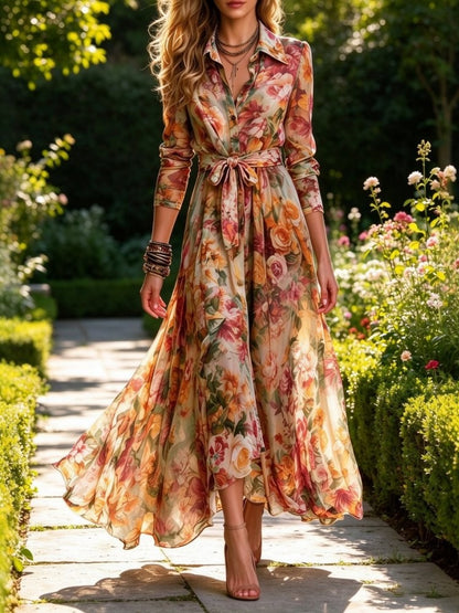 Beautiful Floral Tie Waist Long Sleeve Shirt Dress