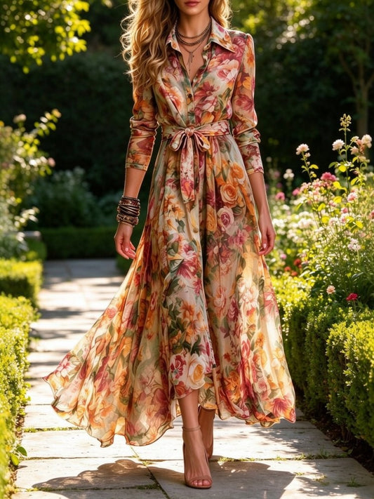 Beautiful Floral Tie Waist Long Sleeve Shirt Dress