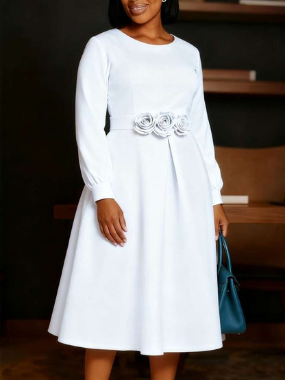 Beautiful Flower Decor Long Sleeve Swing White Midi Dress
