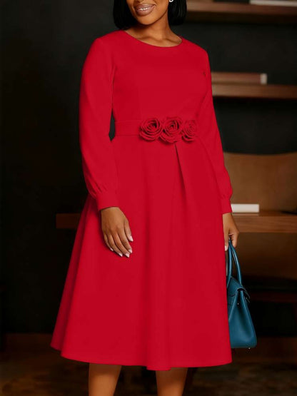 Beautiful Flower Decor Long Sleeve Swing Red Midi Dress