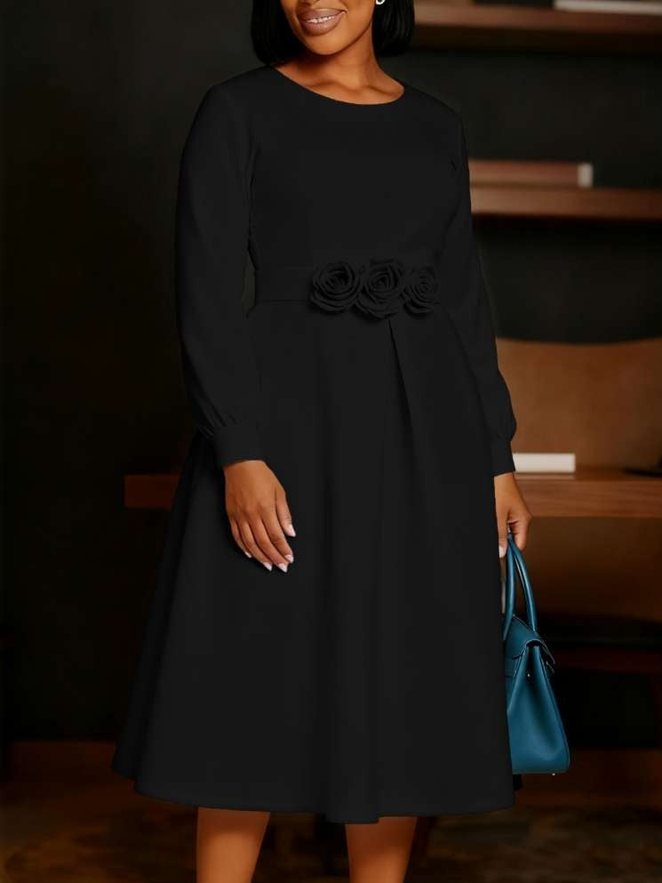 Beautiful Flower Decor Long Sleeve Swing Black Midi Dress