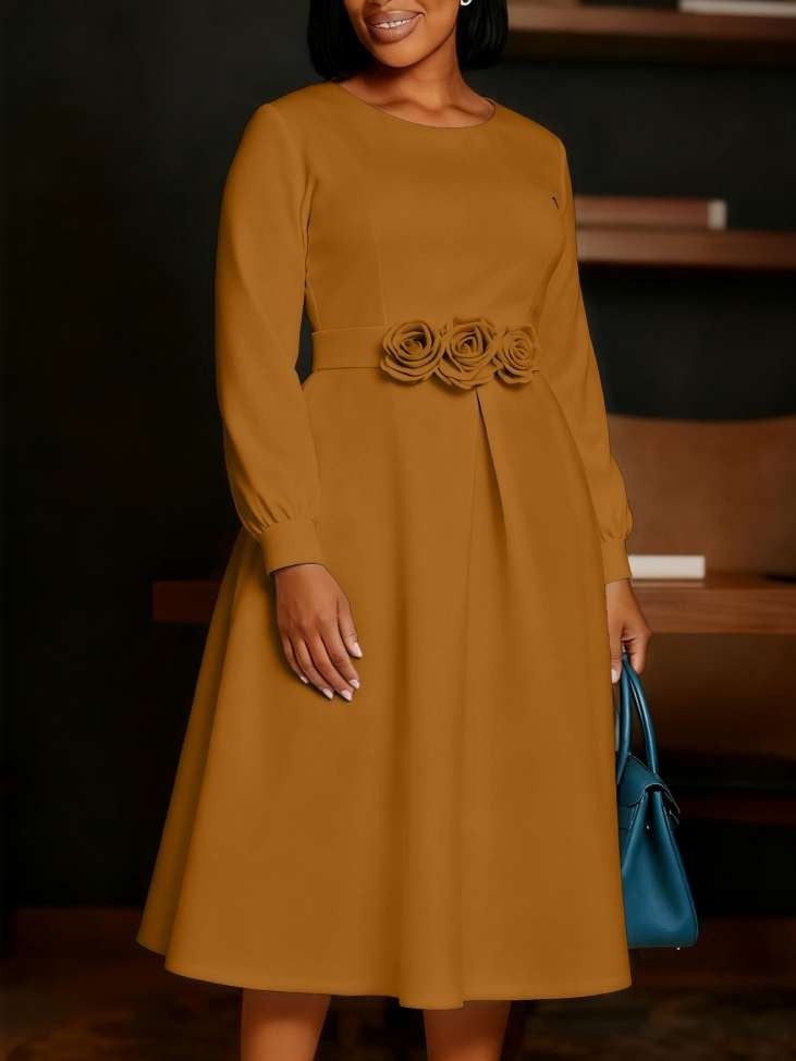 Beautiful Flower Decor Long Sleeve Swing Brown Midi Dress