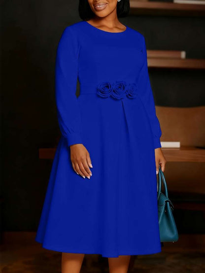Beautiful Flower Decor Long Sleeve Swing Blue Midi Dress