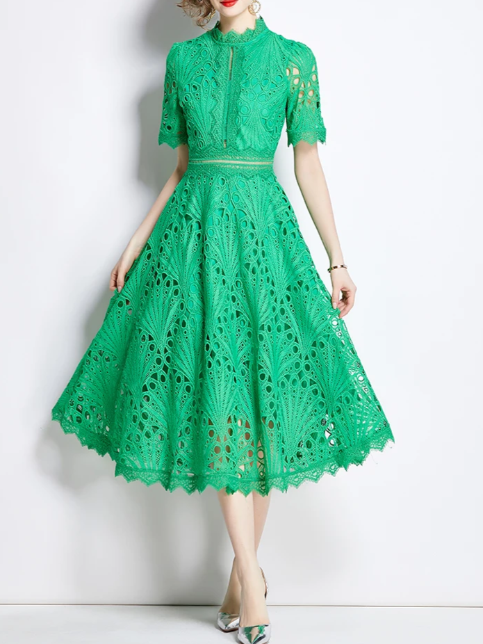 Beautiful Lace Crochet Green Midi Dress