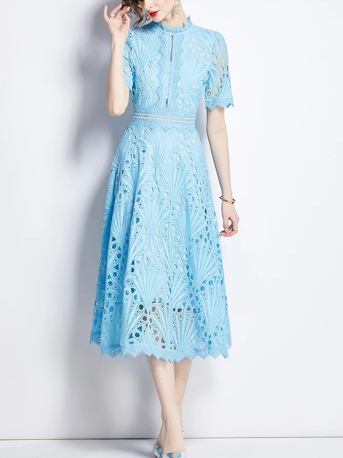 Beautiful Lace Crochet Blue Midi Dress