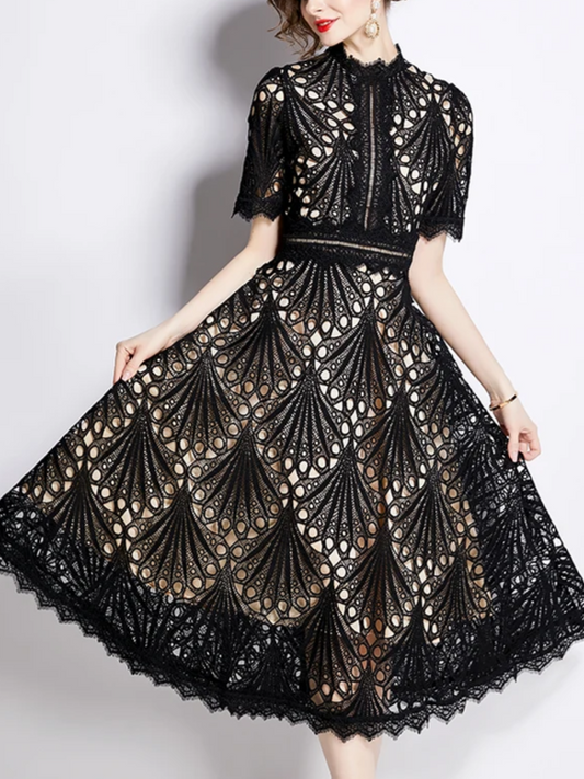 Beautiful Lace Crochet Black Midi Dress