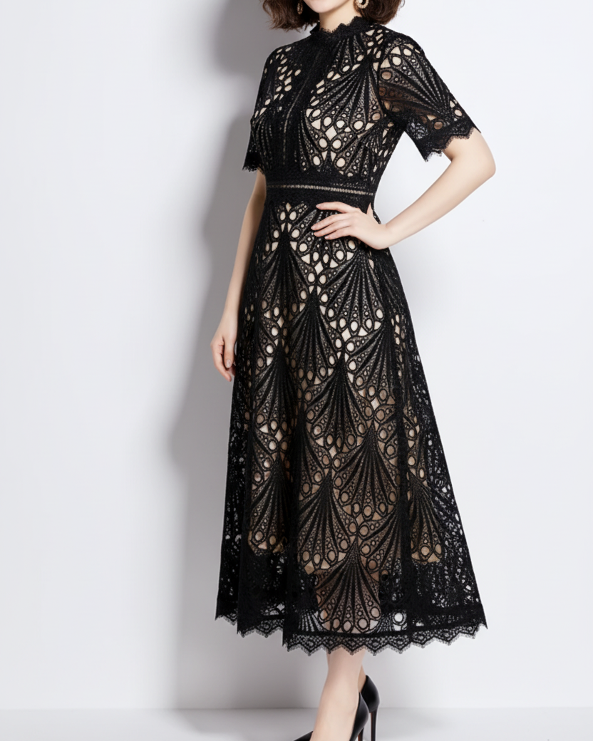 Beautiful Lace Crochet Black Midi Dress