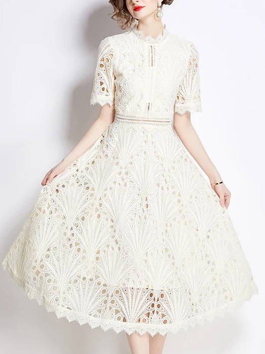 Beautiful Lace Crochet Apricot Midi Dress - Ships in 24 Hrs