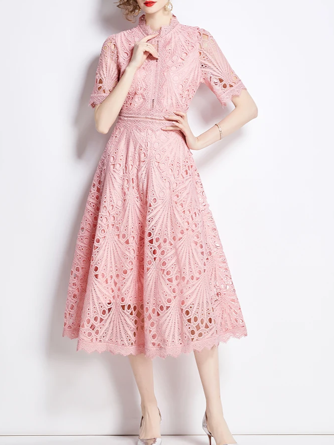 Beautiful Lace Crochet Pink Midi Dress