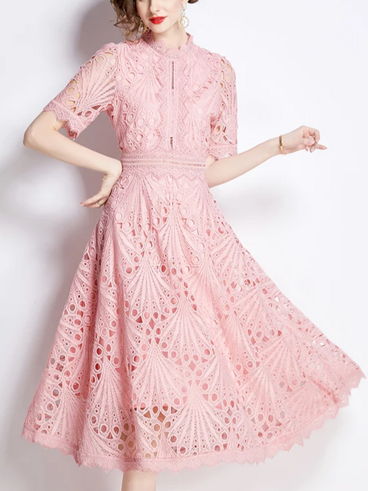Beautiful Lace Crochet Pink Midi Dress