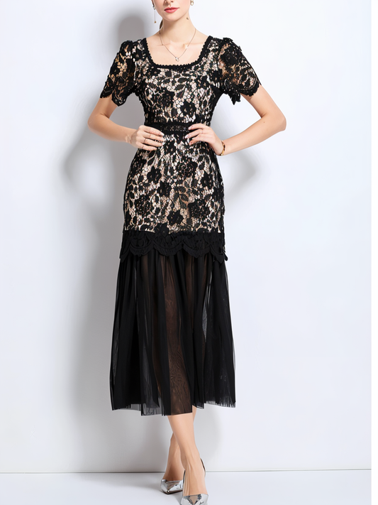 Beautiful Lace Mesh Short Sleeve High Waist Black Dress