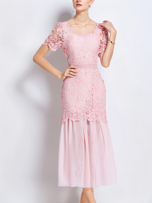 Beautiful Lace Mesh Short Sleeve High Waist Pink Dress