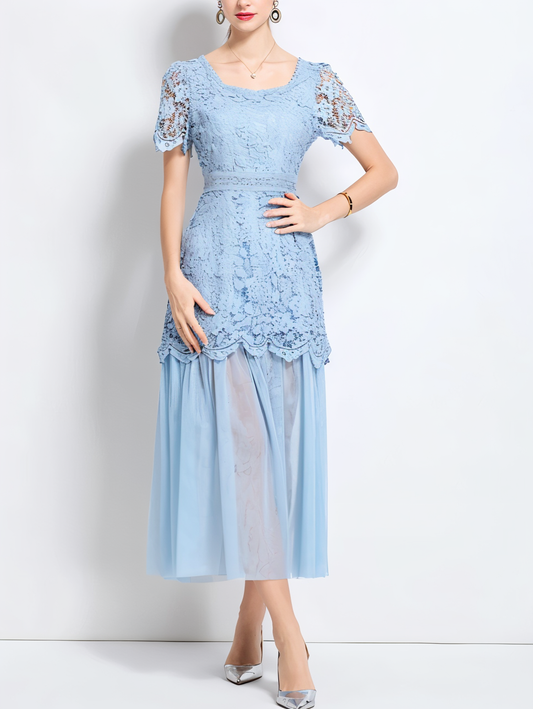 Beautiful Lace Mesh Short Sleeve High Waist Blue Dress