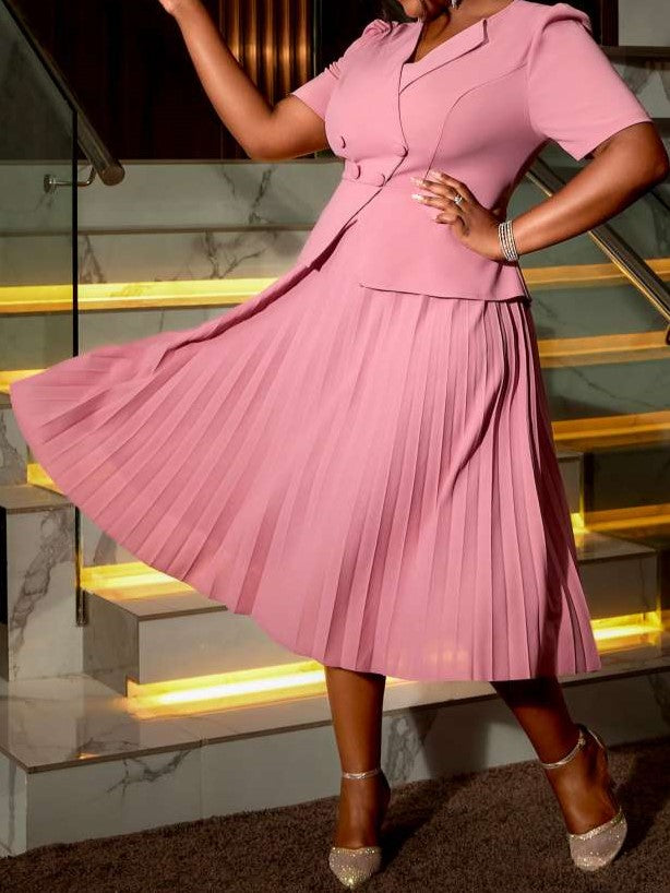 Beautiful Pleated Tailored Collar A Line Swing Pink Midi Dress