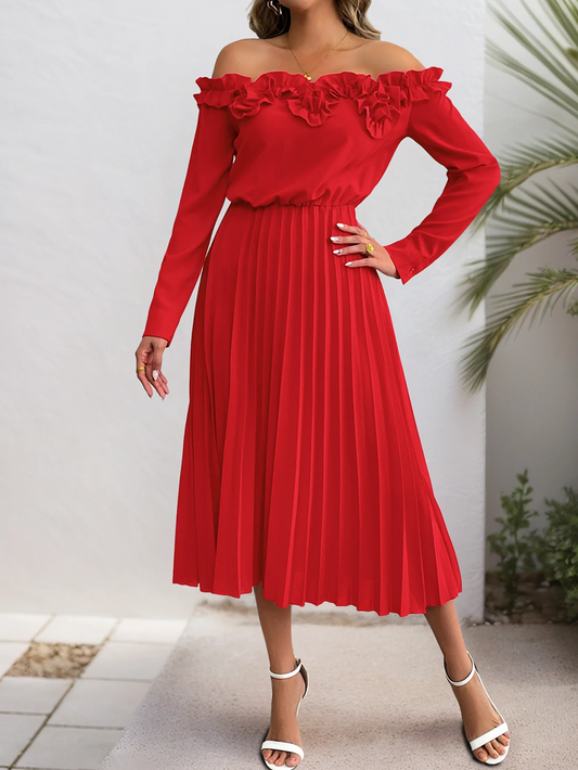 Beautiful Red Off Shoulder Long Sleeve Pleated Dress