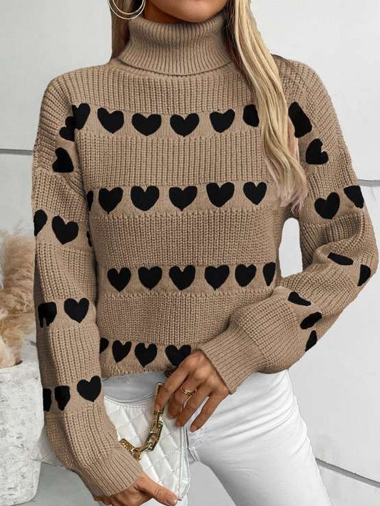 Beautiful Winter Heart Pattern Baggy Khaki Pullover